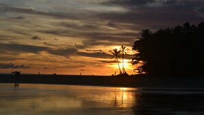 Un capvespre sobre una platja amb palmeres siluetejades al cel.