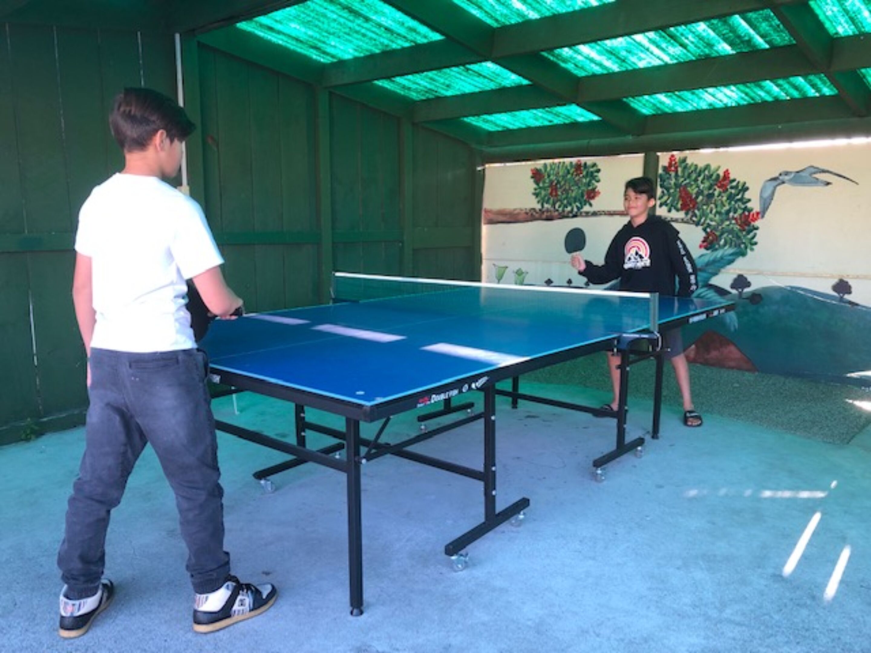 Two people playing table tennis in an indoor setting with a green ceiling and a mural on the wall.