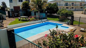 Outdoor pool, open 8 AM to 8 PM, sun loungers