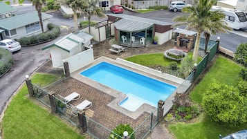 Outdoor pool, open 8 AM to 8 PM, sun loungers