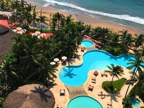 Outdoor pool, pool umbrellas, pool loungers
