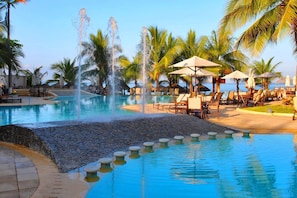 Outdoor pool, pool umbrellas, pool loungers