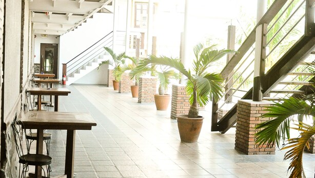 Un patio interior con suelo de baldosas, asientos exteriores, plantas en macetas y una escalera que lleva a un nivel superior.