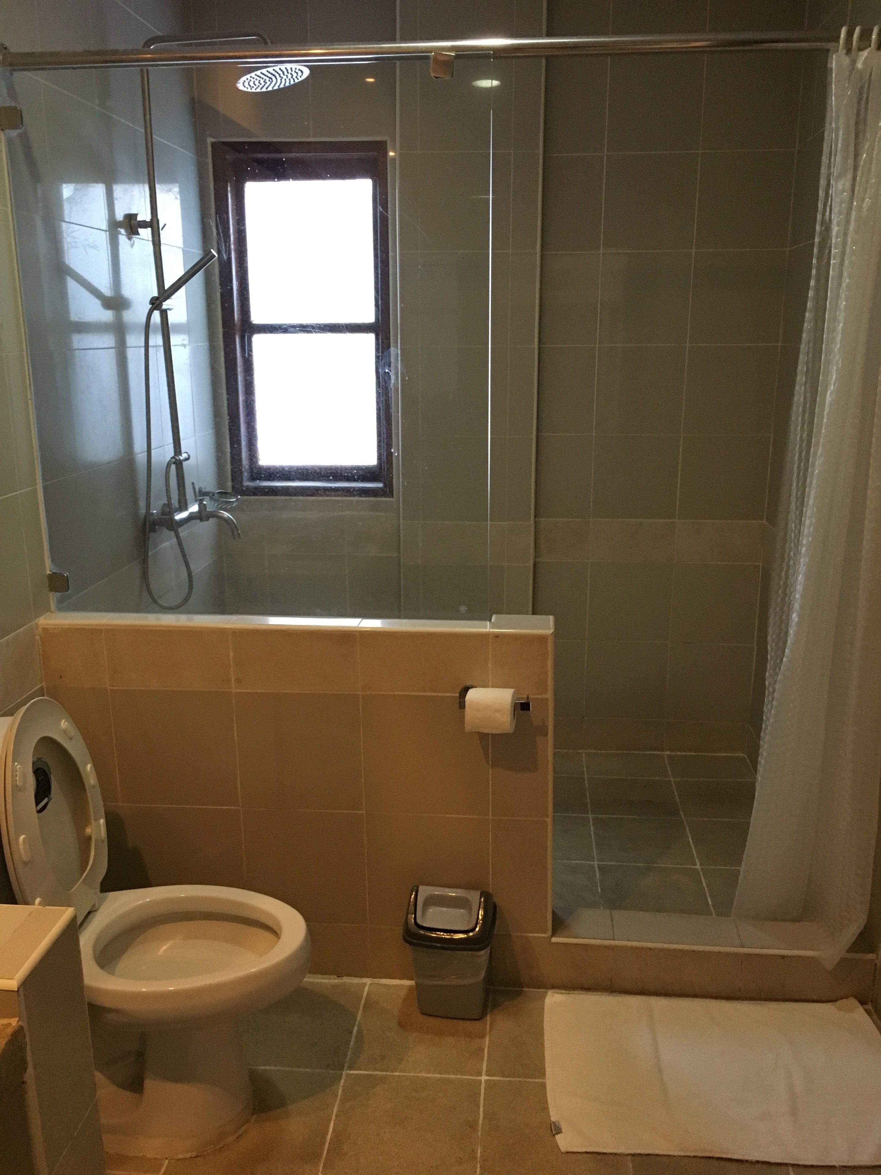 A bathroom with a toilet, a shower, and a window.