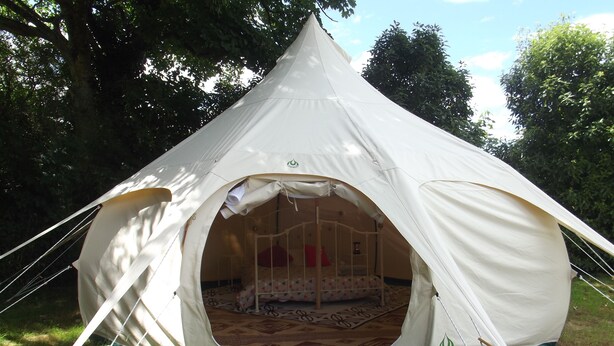 A dome-shaped tent with a bed inside, surrounded by grass and trees. - Greytown Campground (Greytown)