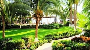 Un jardín bien cuidado con un sendero curvo, palmeras y setos podados.