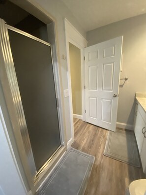 Combined shower/bathtub, hair dryer, towels, soap