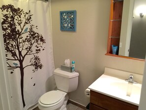 Kombinert dusj/badekar, hårføner, håndklær og såpe