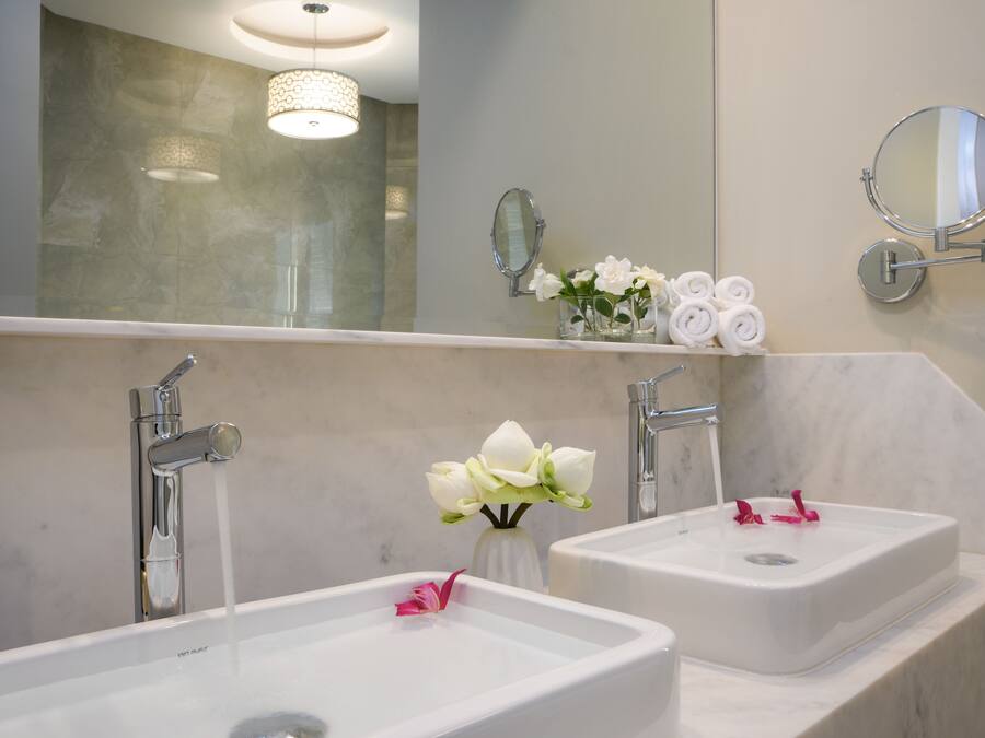 Un baño con dos lavamanos, un espejo y un florero con flores.