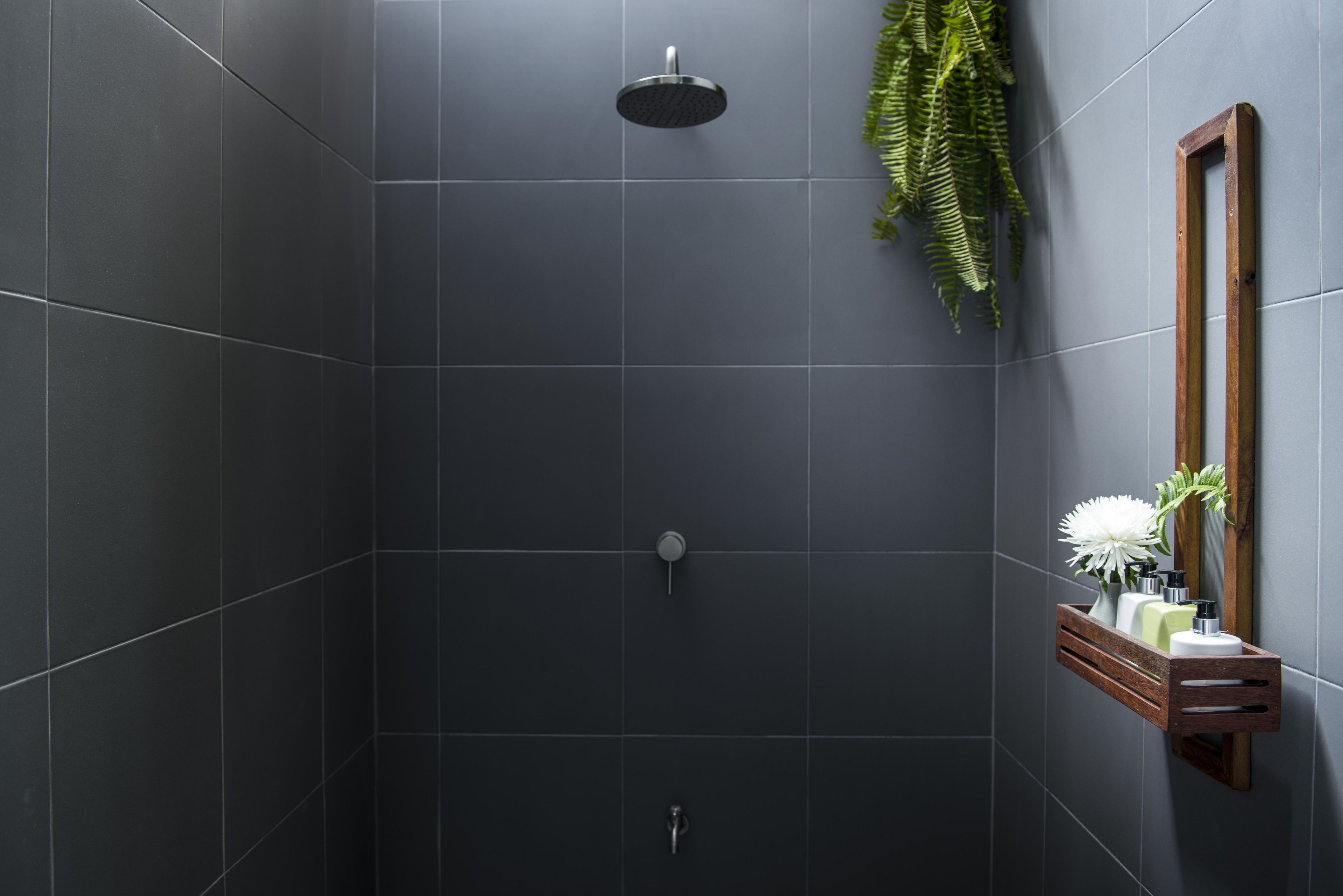 Una ducha moderna con cabezal de lluvia, una planta en la pared y un estante de madera con artículos de aseo.