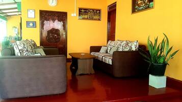 A living room with two sofas, a coffee table, and a potted plant.