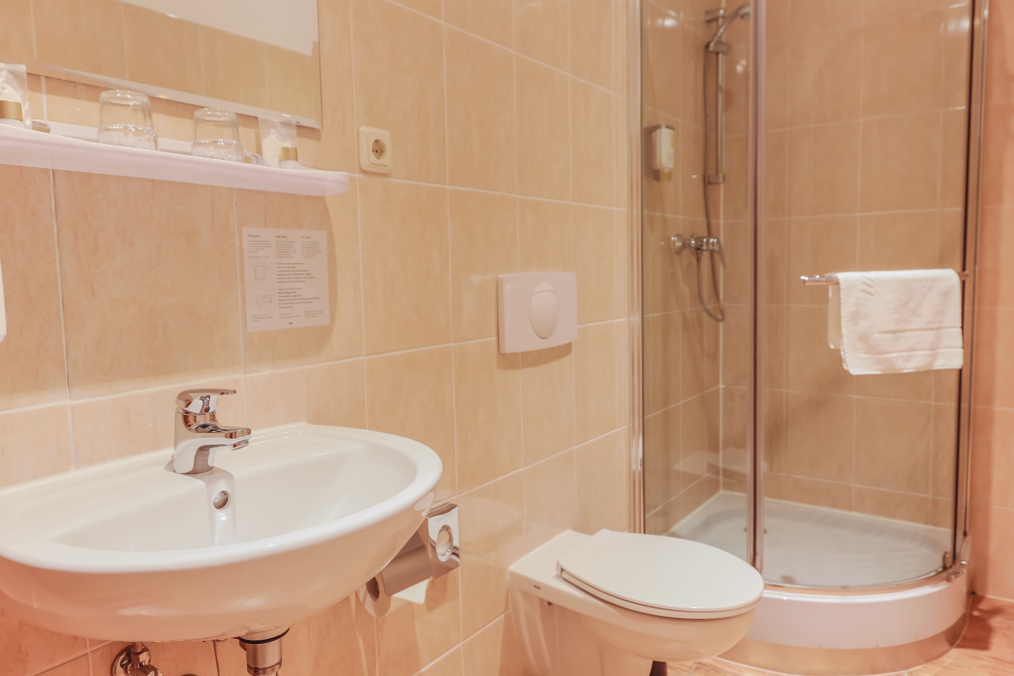 standard double room | bathroom | shower, free toiletries, hair dryer, towels