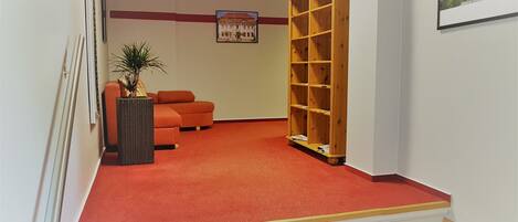 Zona de recepción con alfombra roja, estantería de madera, un cuadro enmarcado y una planta.