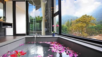 Deluxe Double Room, 1 Queen Bed, Mountain View | Bathroom | Shower, free toiletries, hair dryer, slippers
