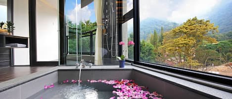 Deluxe Double Room, 1 Queen Bed, Mountain View | Bathroom | Shower, free toiletries, hair dryer, slippers