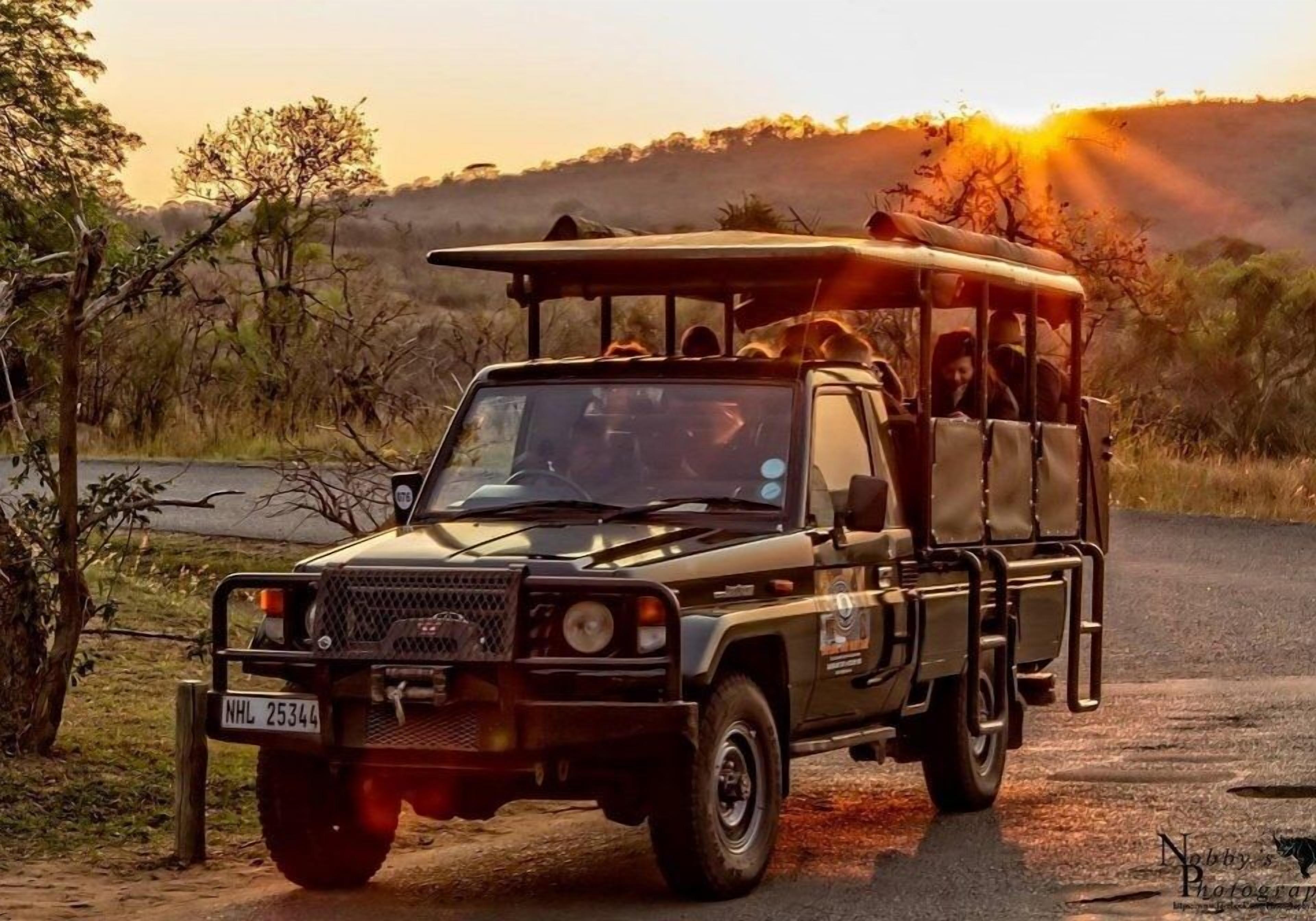 A safari vehicle with passengers, parked on a road with a sunset in the background.