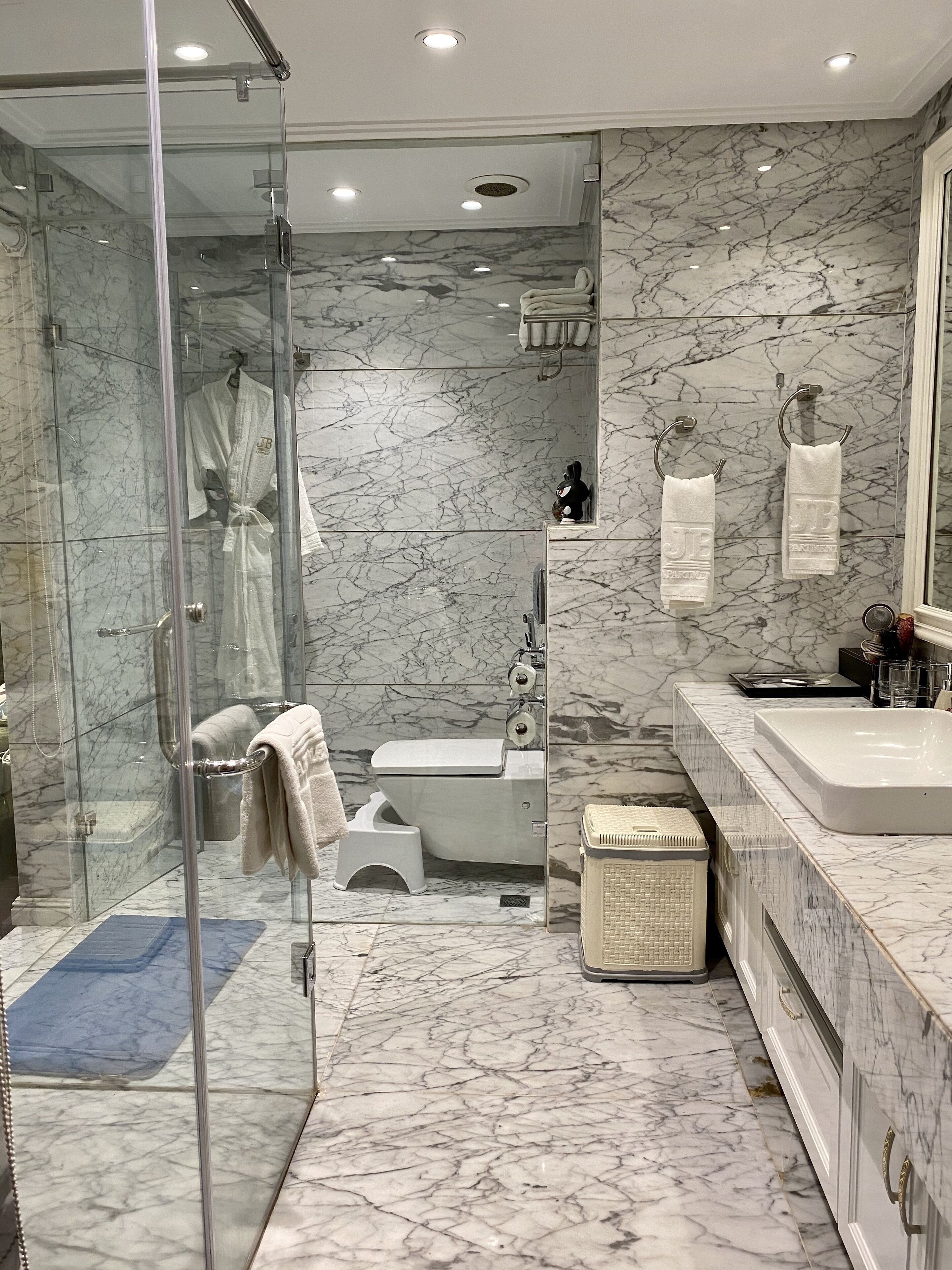 Un baño moderno con ducha envuelta en vidrio, inodoro, lavamanos y suelo de mármol.