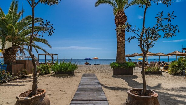 A wooden pathway leading to a beach with palm trees and beach umbrellas. - Avra Hotel (Katerini)