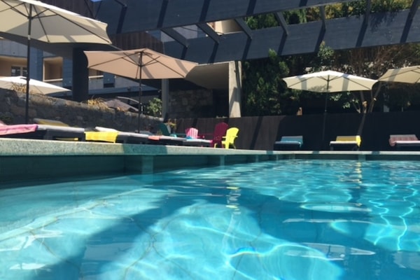 Seasonal outdoor pool, open 9:30 AM to 7:30 PM, sun loungers