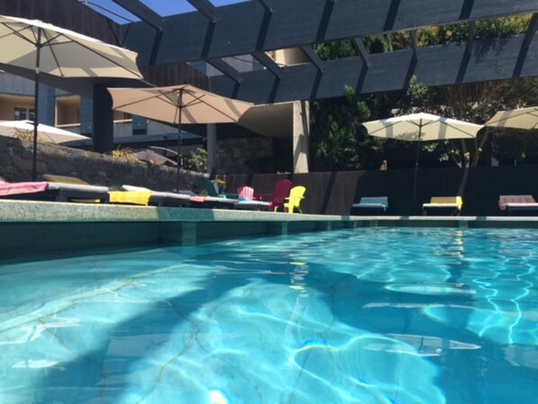Seasonal outdoor pool, open 9:30 AM to 7:30 PM, pool loungers
