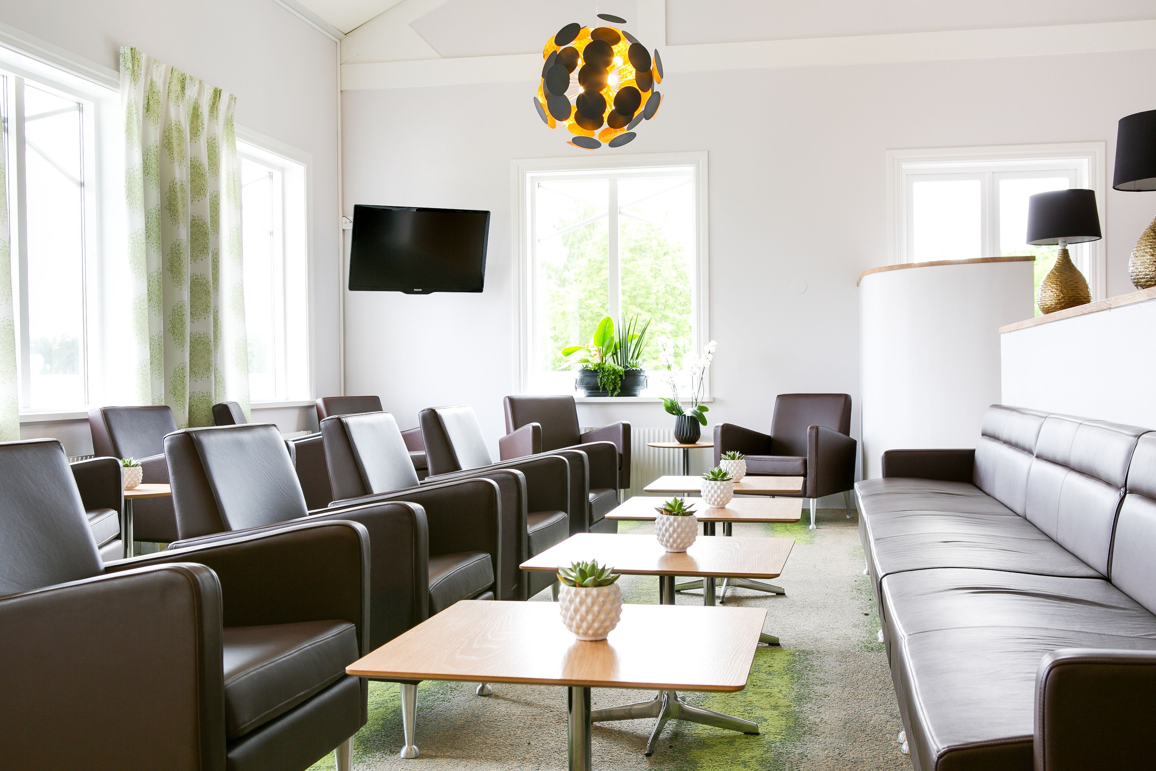 Un moderno vestíbulo de hotel con asientos de cuero, una televisión de pantalla plana y plantas en macetas.