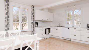 Full-sized fridge, microwave, oven, stovetop