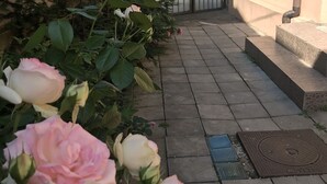 Un camino pavimentado que conduce a una entrada porticada, rodeada de follaje exuberante y rosales en flor.