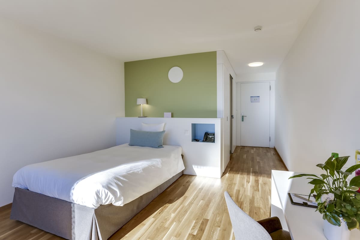 A modern bedroom with a bed, bedside table, lamp, and a small plant.