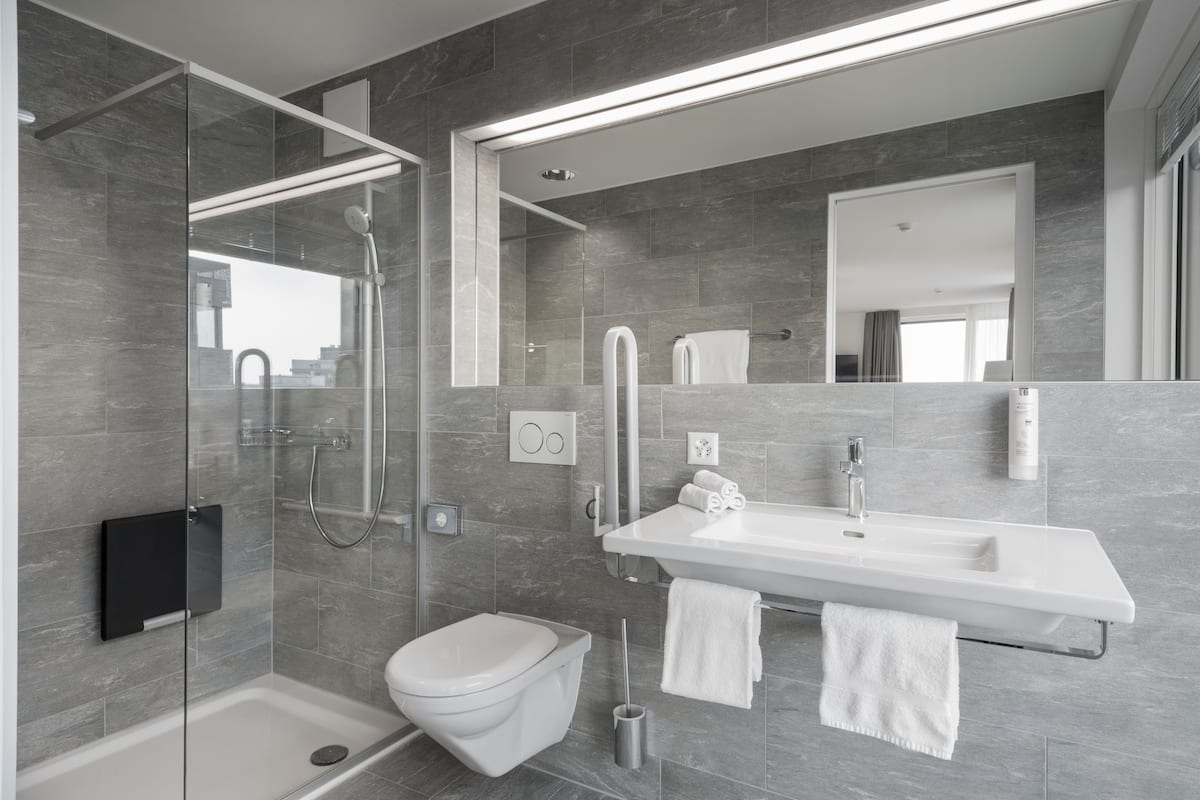 shower, free toiletries, hair dryer, towels