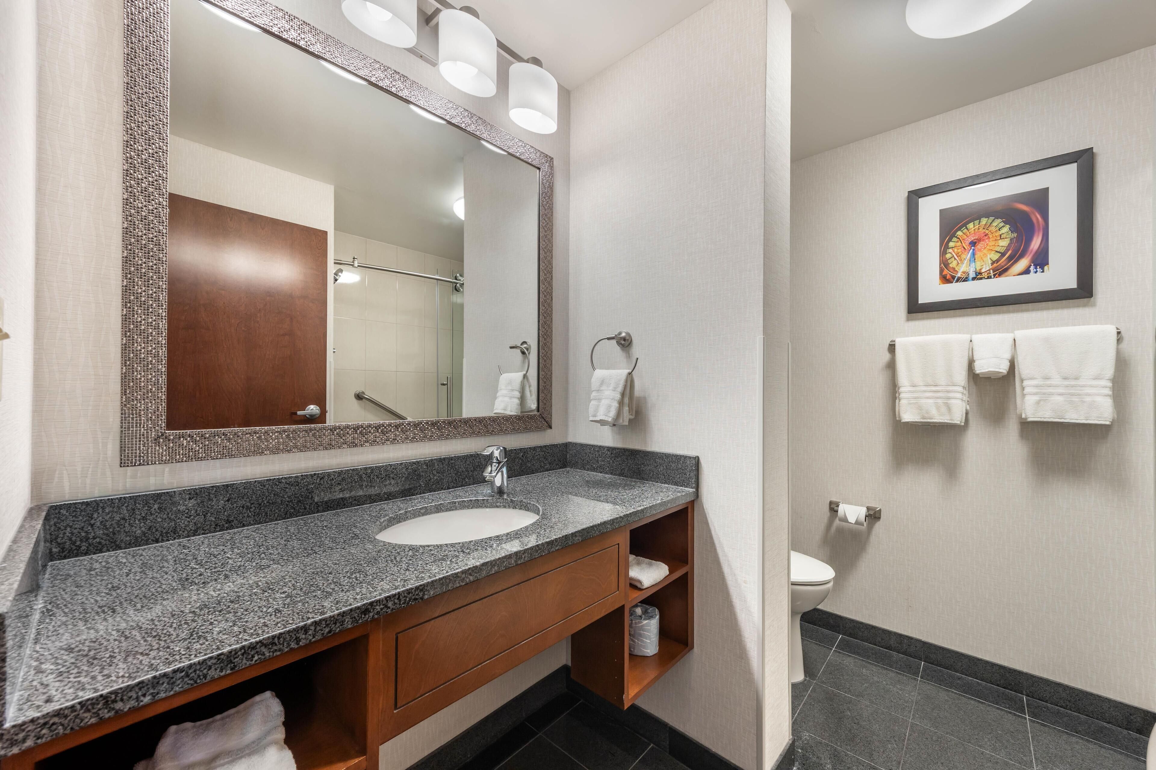 A bathroom with a granite sink, wooden vanity, a large mirror, a framed picture on the wall, and a toilet.