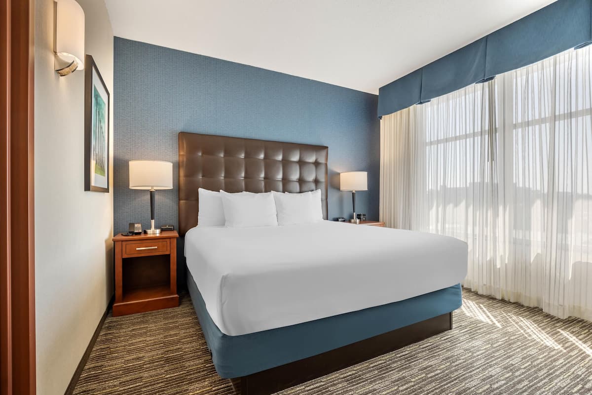 A hotel room with a large bed, two bedside tables, a wall-mounted lamp, and a large window with sheer curtains.
