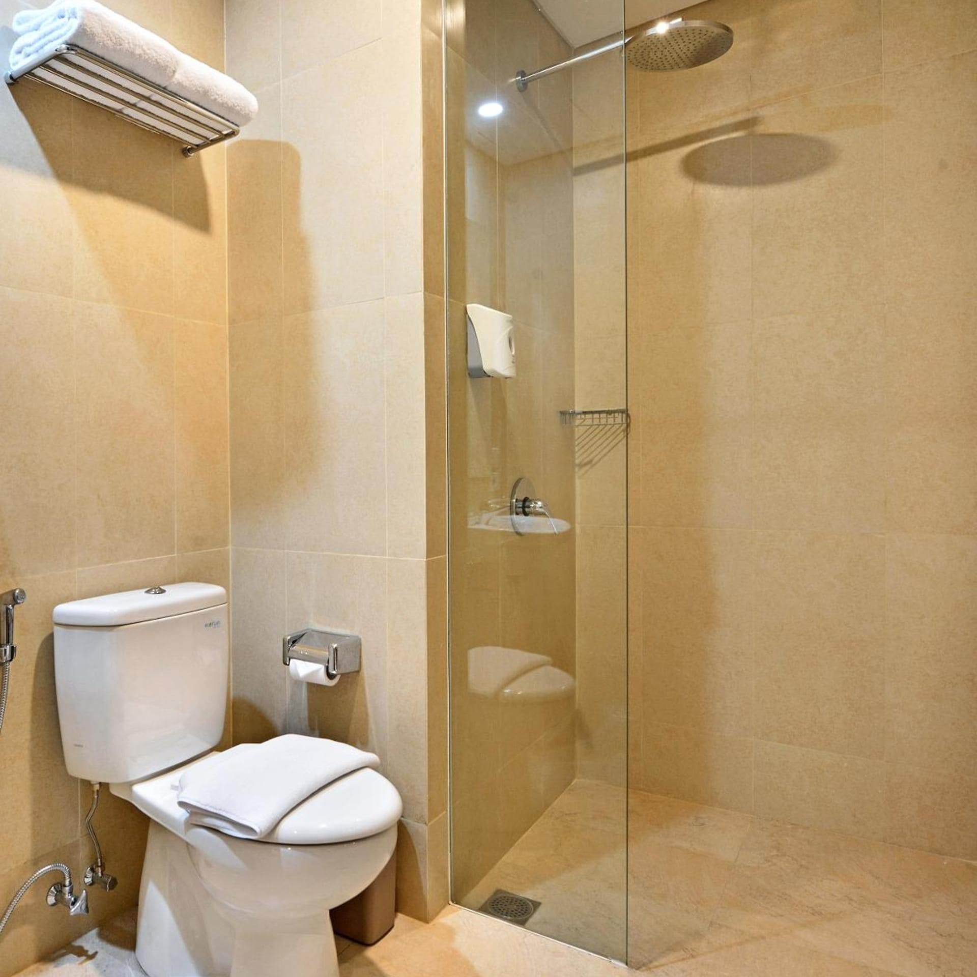 A modern bathroom with a glass-enclosed shower, a toilet, and a towel rack.