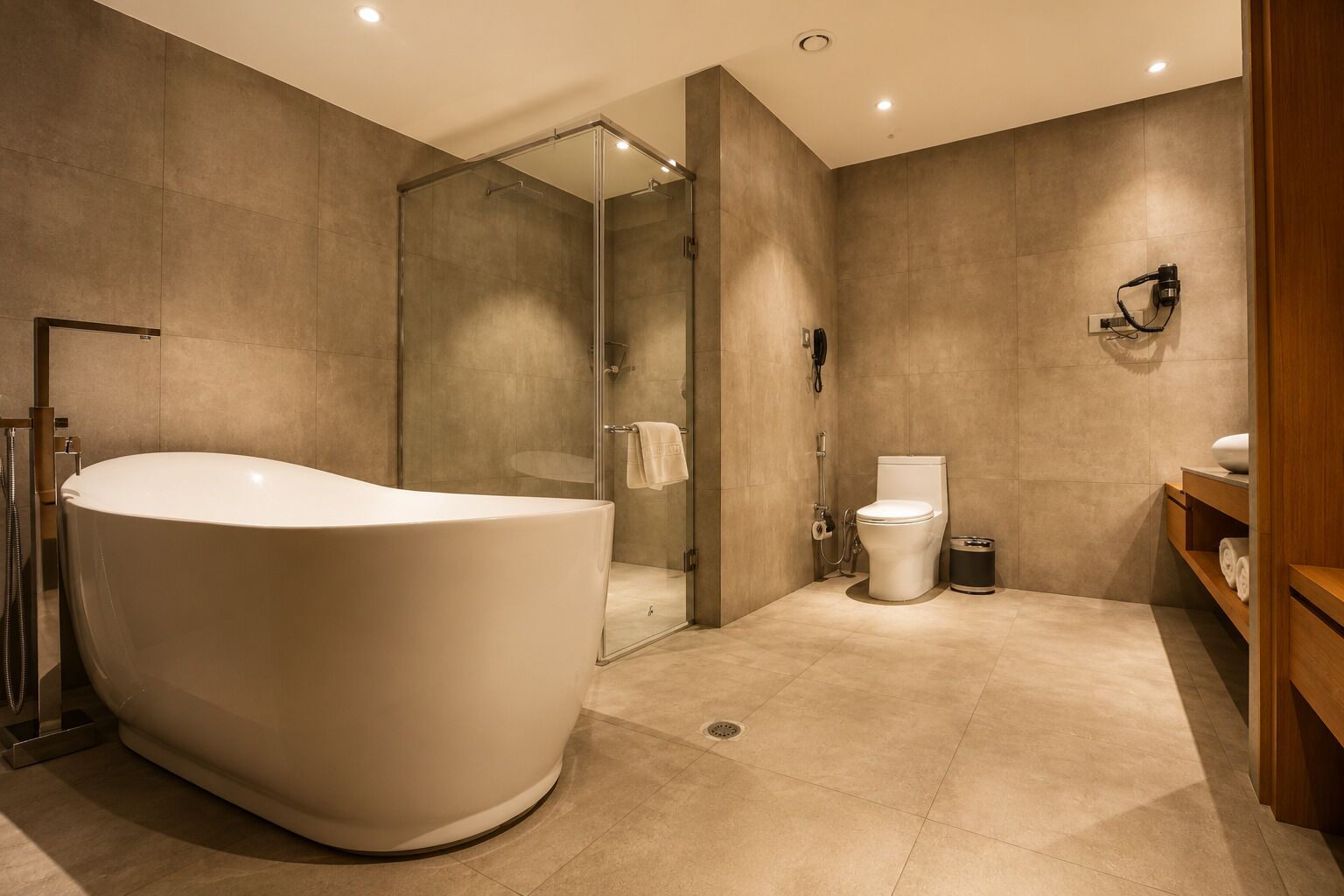 Un baño moderno con una bañera independiente, una ducha con mampara de vidrio y un inodoro.