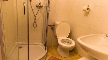 A bathroom with a glass-enclosed shower, a toilet, and a sink.