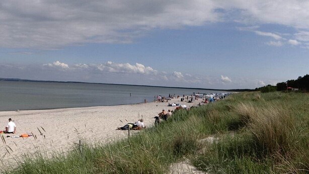A wide sandy beach with a calm sea, a few boats, and a distant shoreline. - Strandhotel Villa Louisa & Appartementhäuser Villa Josephine und Christine (Breege)
