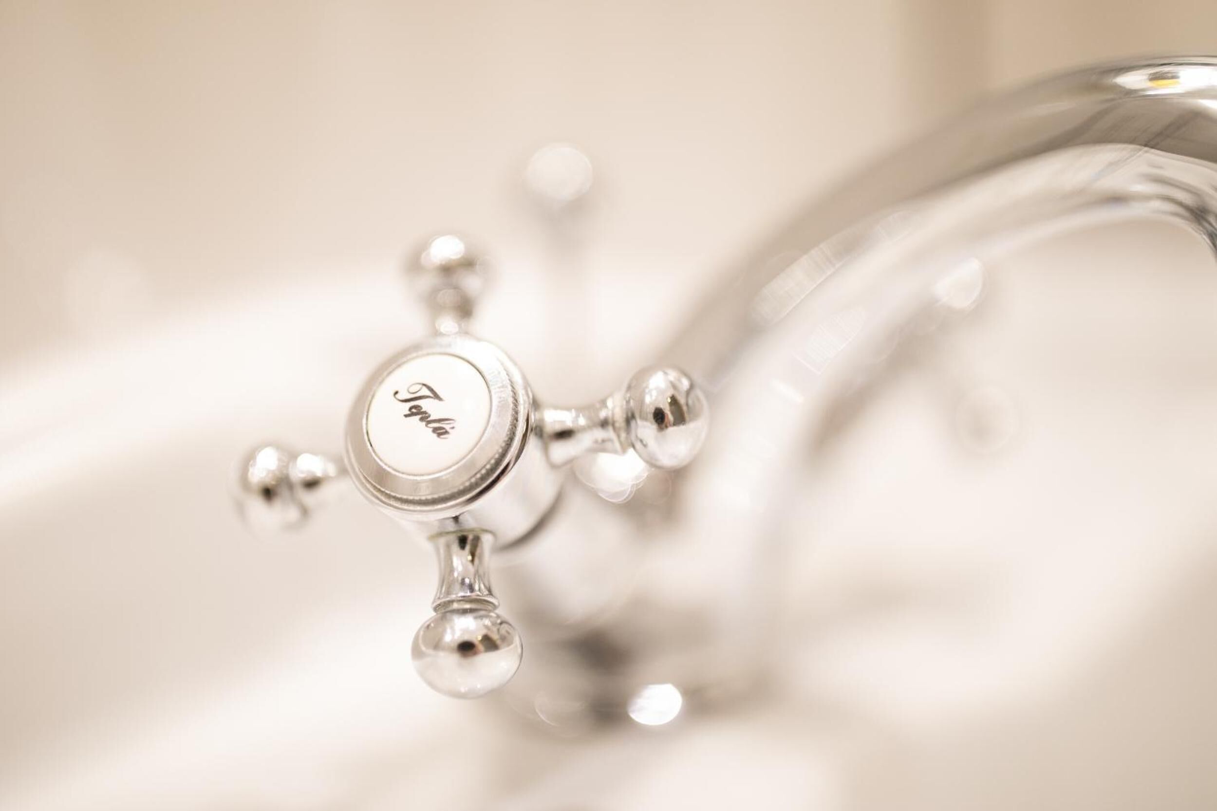 Ein Detailaufnahme eines silbernen Wasserhahns, auf dem die Marke 'Tosca' zu sehen ist.