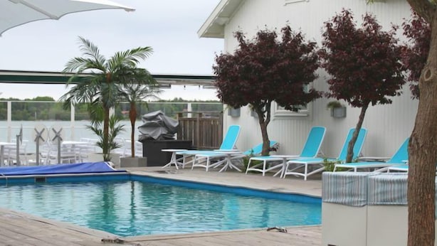 Ein Poolbereich mit überdachtem Deck, Liegestühlen und einer Palme.