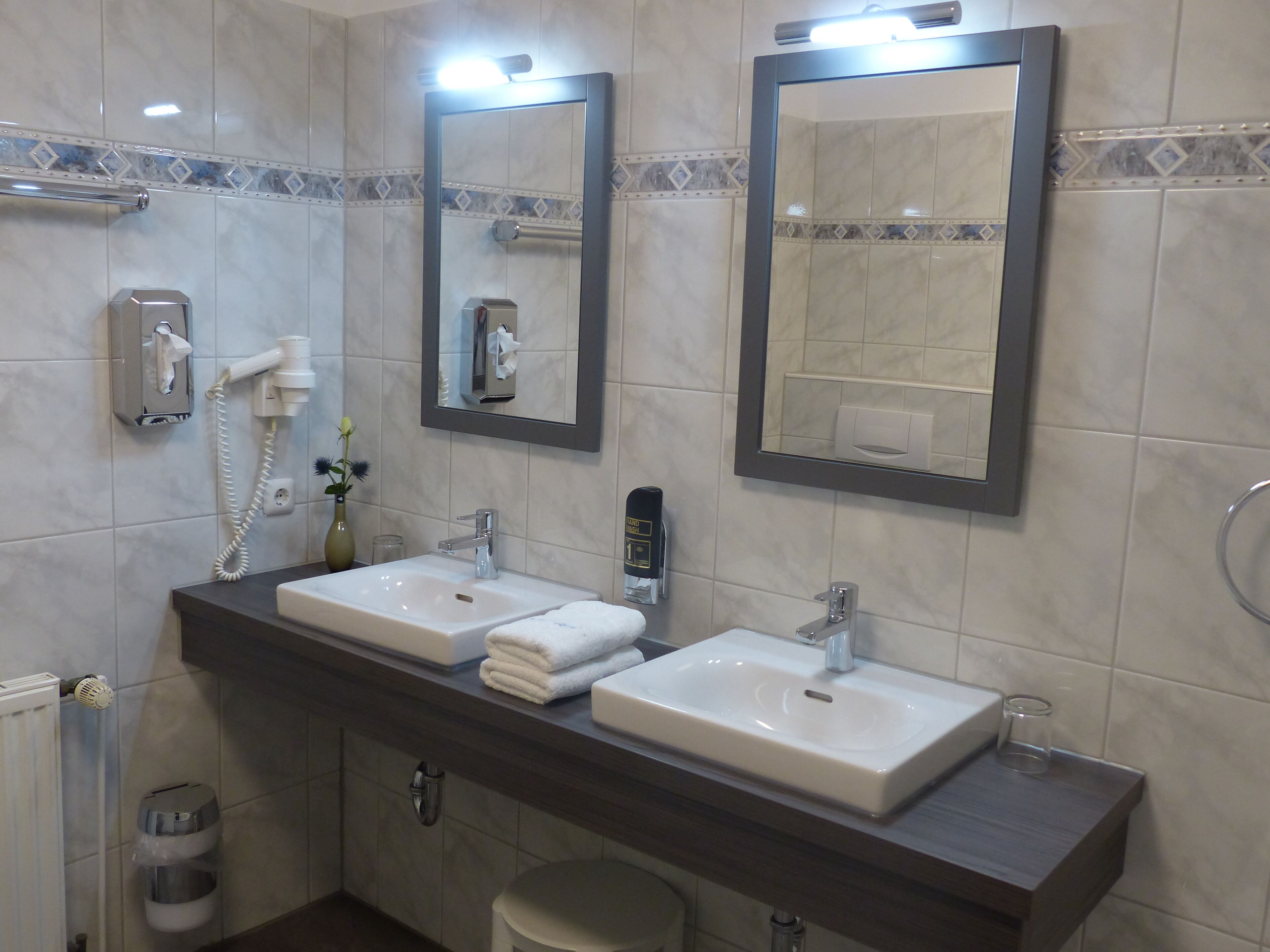 free toiletries, hair dryer, towels