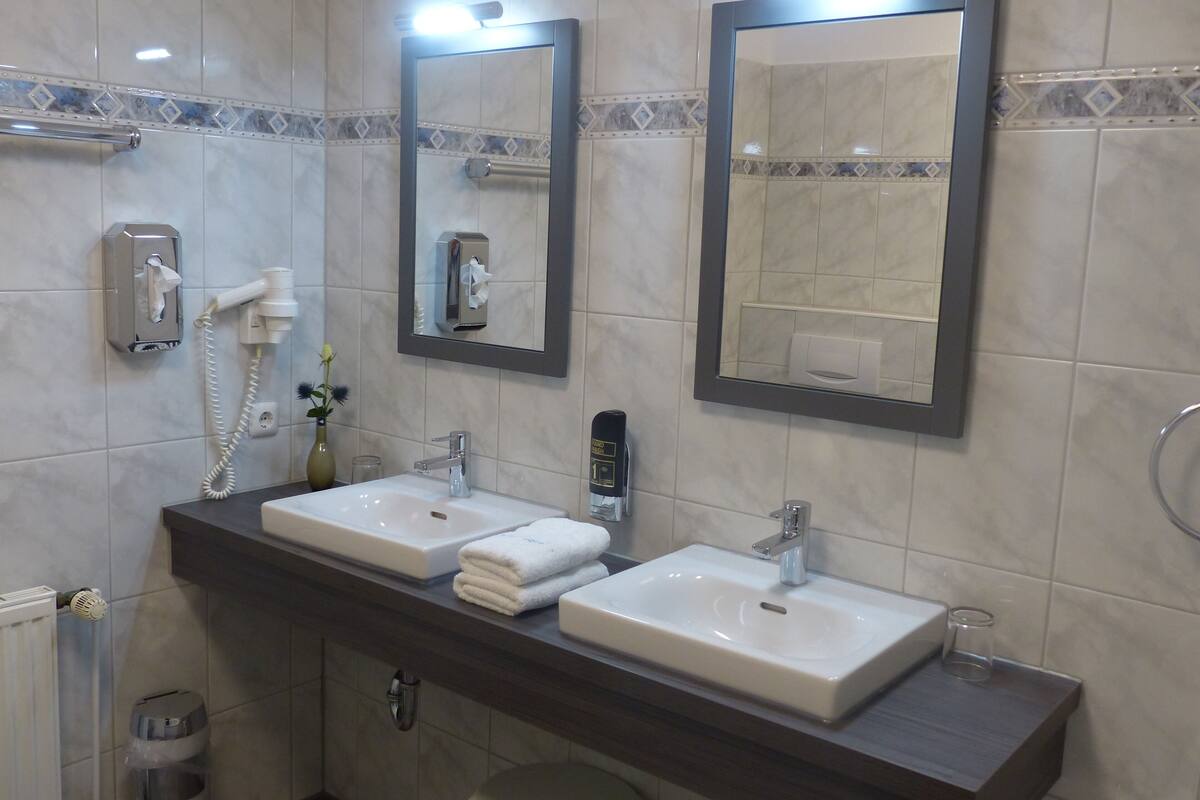 free toiletries, hair dryer, towels