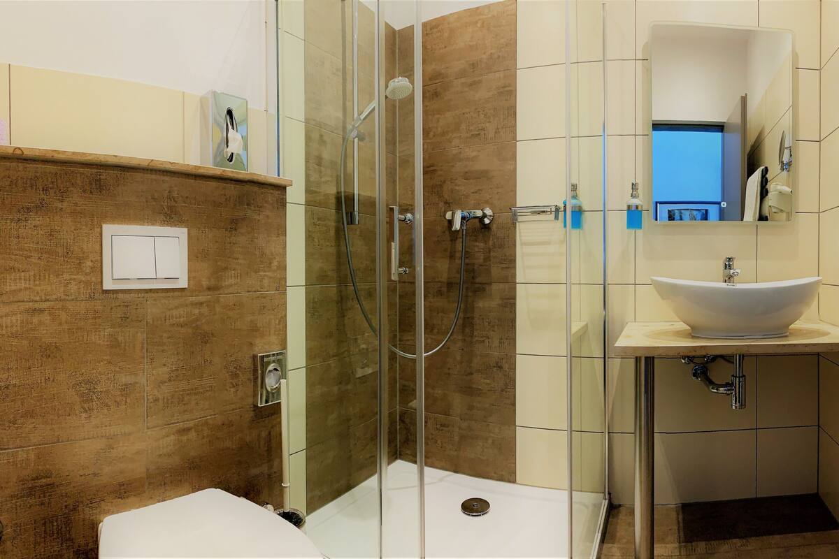 shower, free toiletries, hair dryer, towels