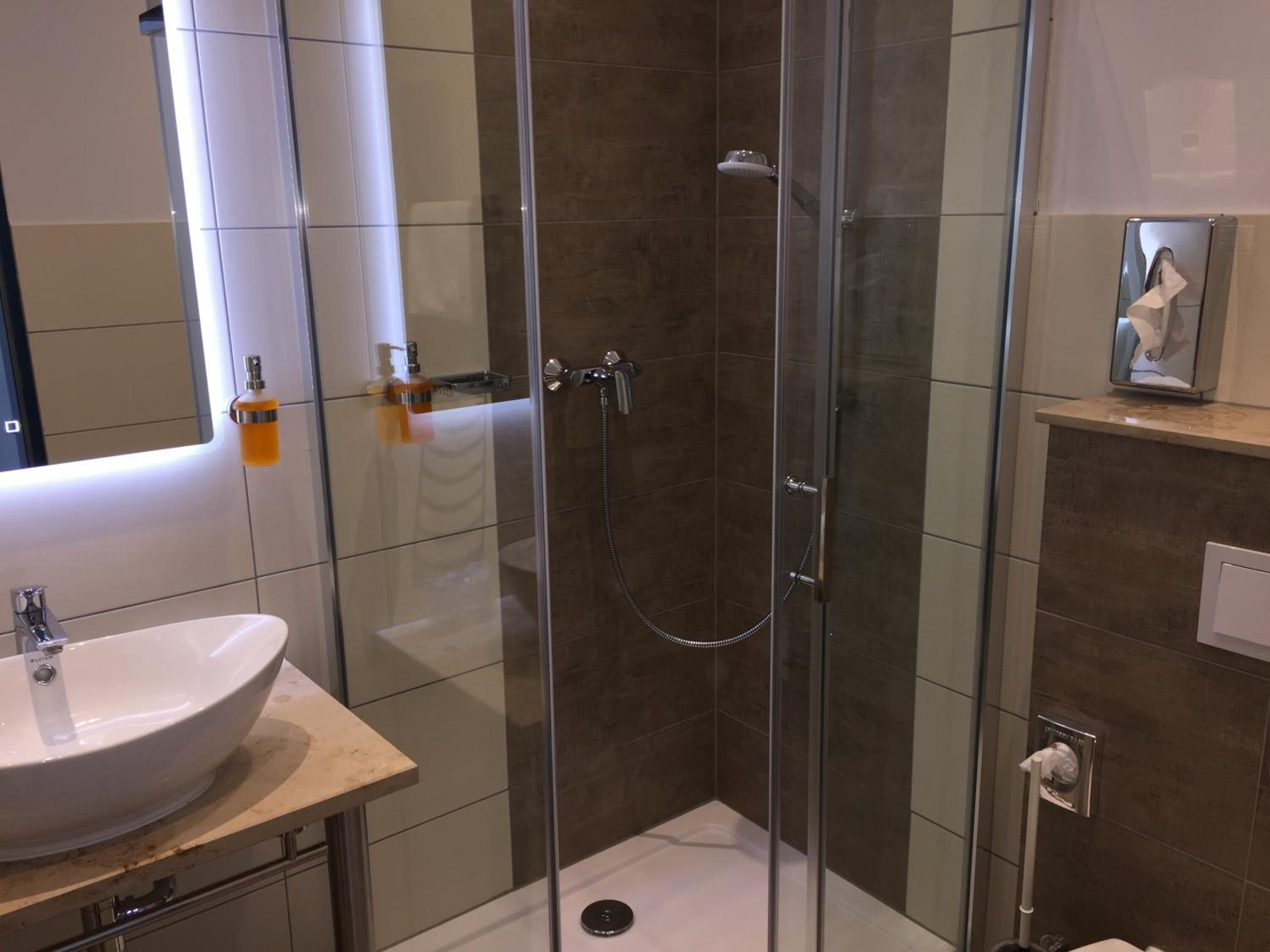 shower, free toiletries, hair dryer, towels