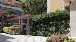 A covered outdoor area with a patterned floor, a rock with yellow flowers, and a building with a red roof in the background. - Hotel International (Fier)
