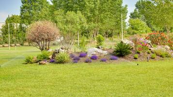Un jardin bien entretenu, avec différentes espèces de plantes et une pelouse.