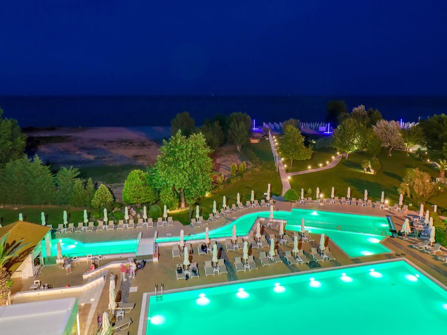 Outdoor pool, pool umbrellas, pool loungers