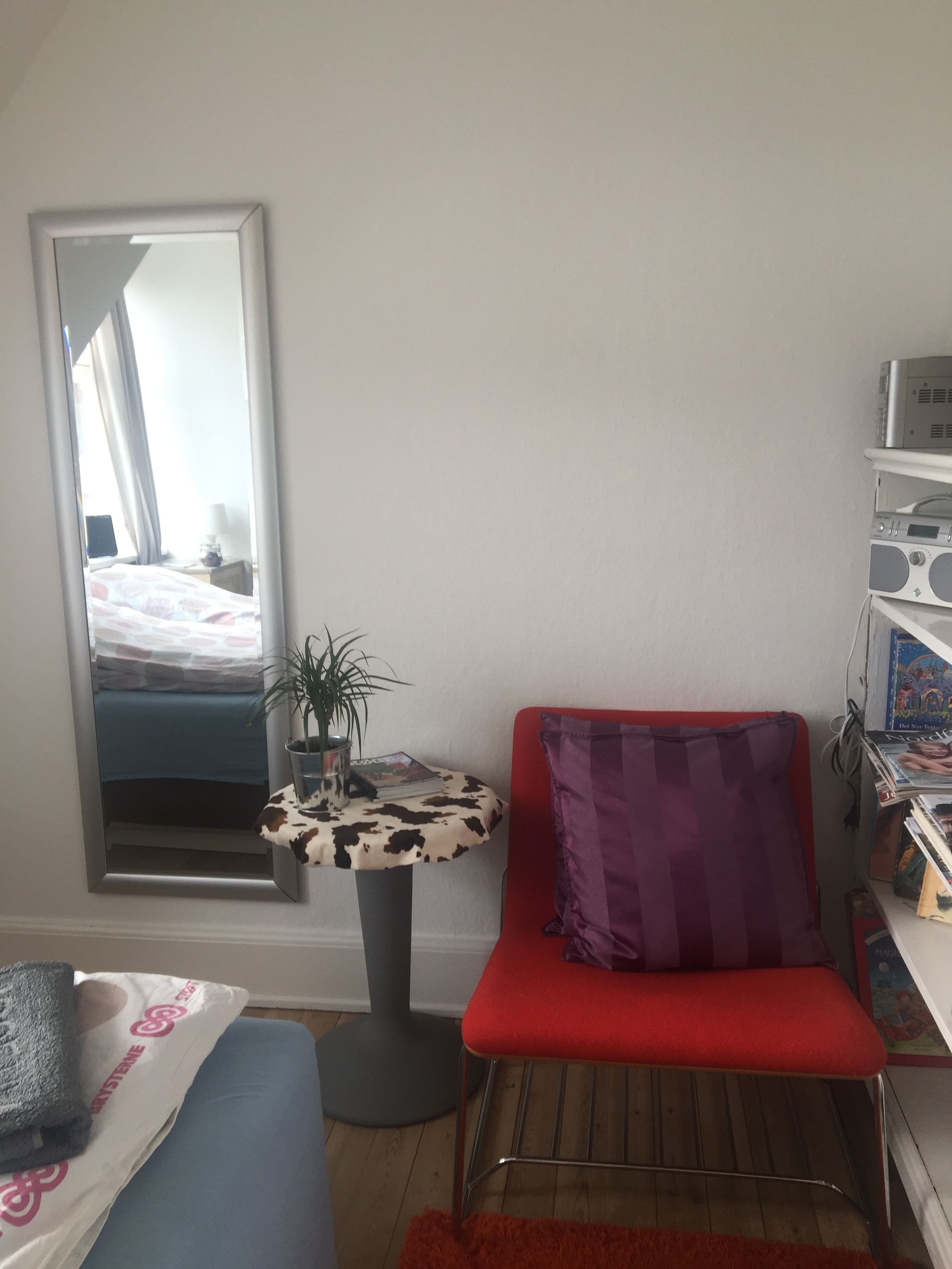 Una habitación con una cama, una silla roja, una mesita con una planta, un espejo y una estantería.