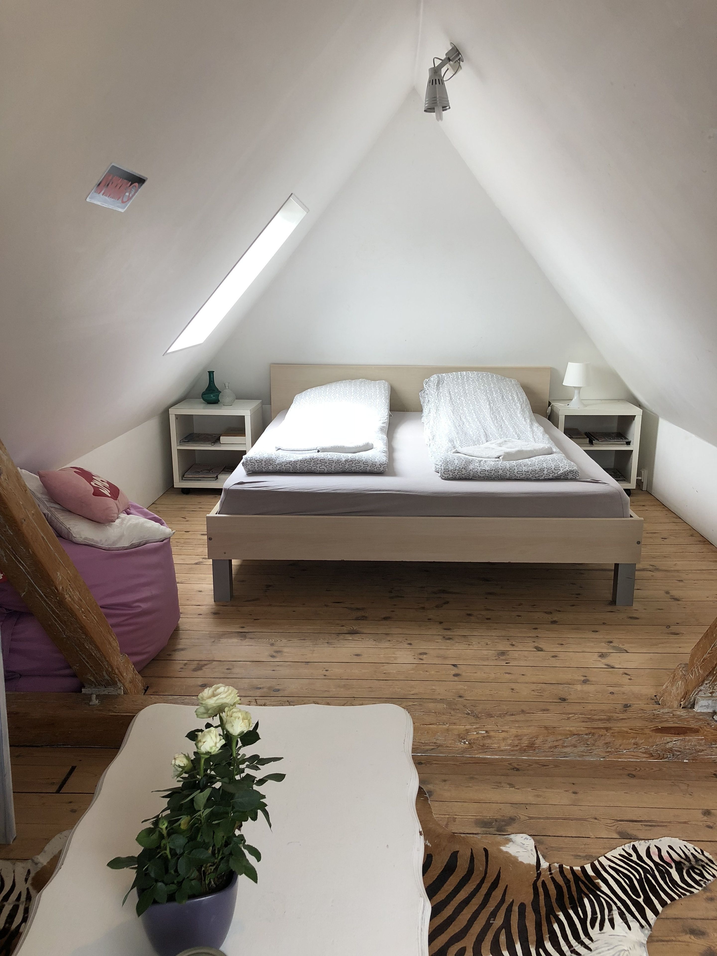 A bedroom with a sloped ceiling, a bed with two pillows, a nightstand with a lamp, a small table with a plant, and a zebra-patterned rug.