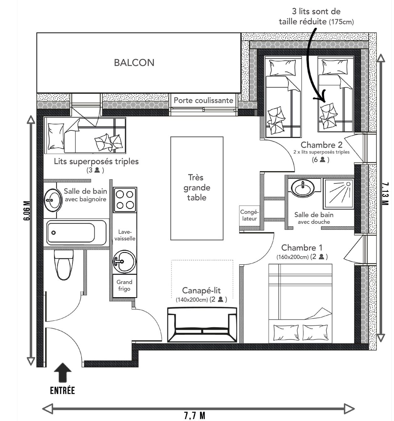 Plano de planta de un hotel con balcón, tres habitaciones para tres personas, una gran mesa de comedor, una sala de estar, una cocina, un baño y un lavadero.