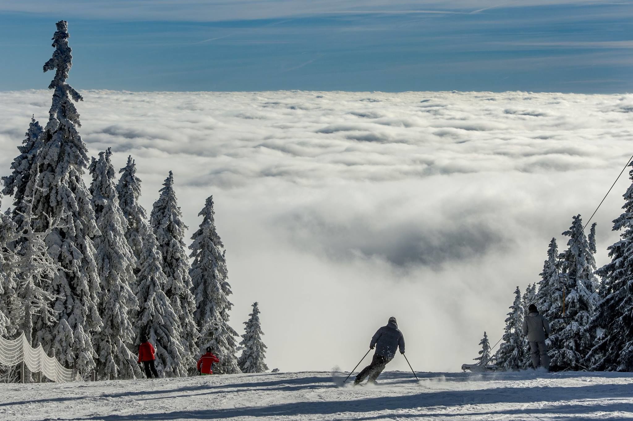 A snowy mountain landscape with a skier and a person in red jacket standing near snow-covered trees.