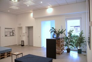 Una habitación amplia con techo alto, un escritorio de madera, una computadora y plantas en macetas.
