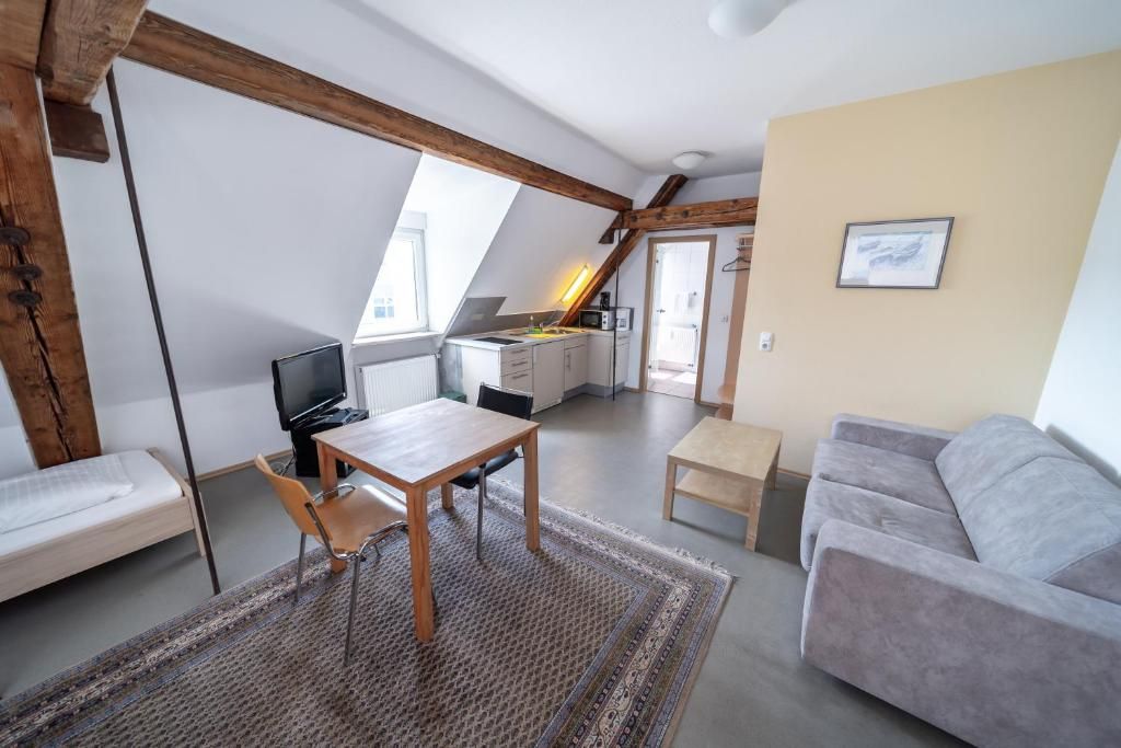 A loft-style room with a dining area, a sofa, a television, and a kitchenette.
